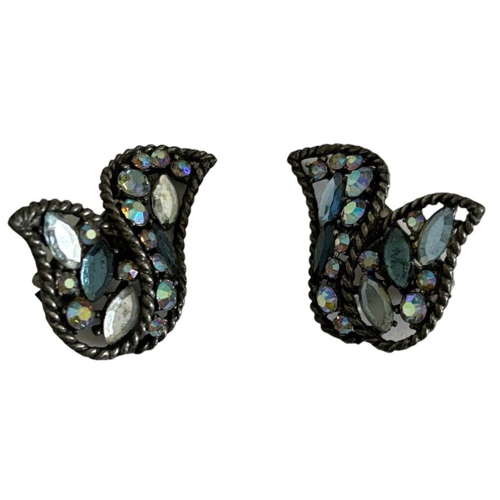 Mode Art Clip On Earrings Blue Silver Tone Aurora Borealis Rhinestone Vintage